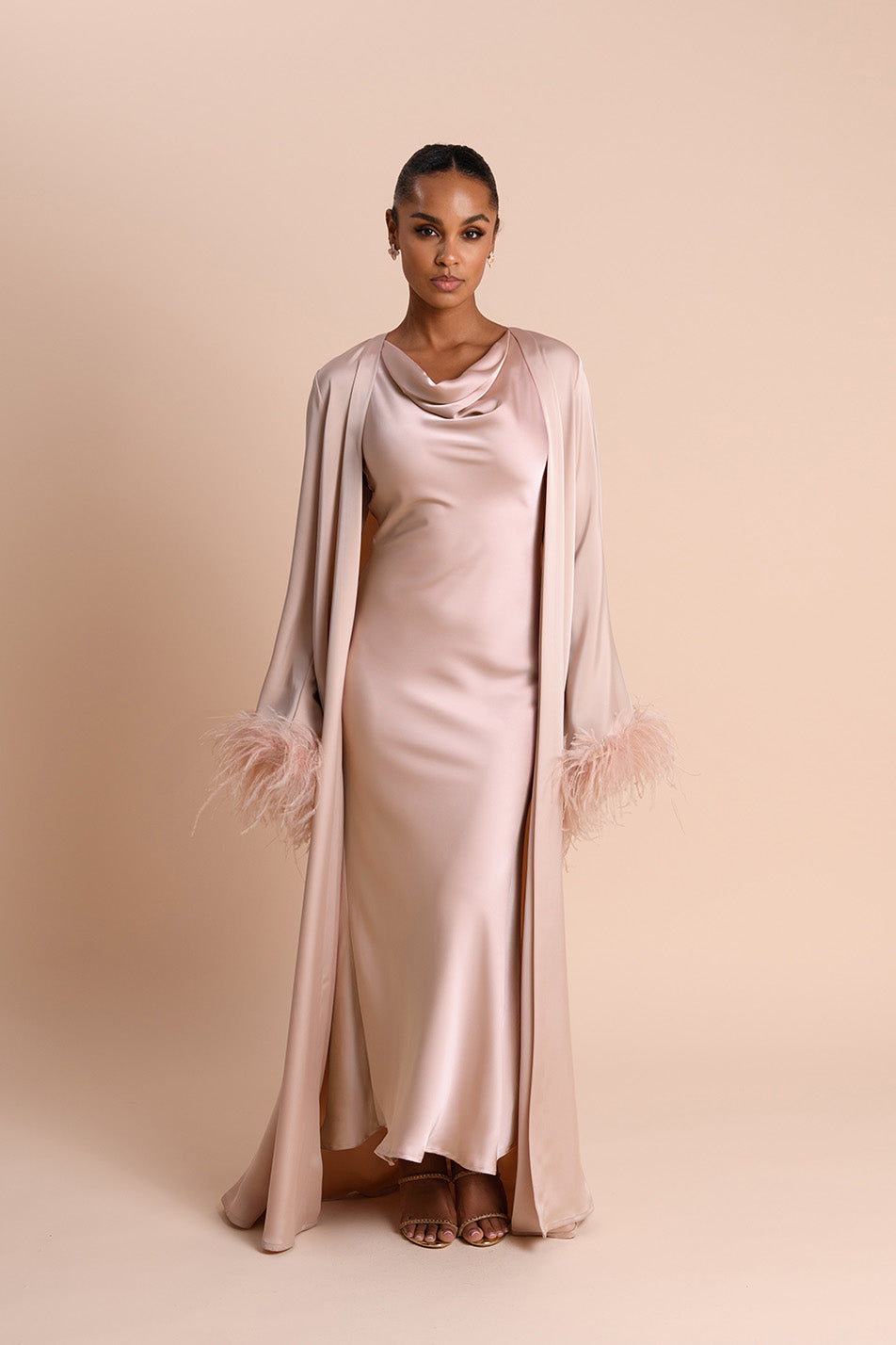 pink feather long sleeve dress FEATHER SLEEVE ABAYA