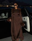 FEATHER BELTED ABAYA - CHOCOLATE
