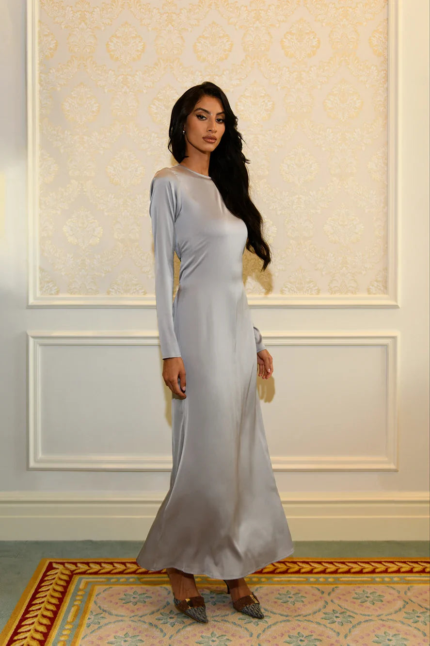 silver satin dress long sleeve Weekday + Long Sleeve Satin Maxi Dress