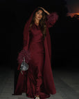 FEATHER SLEEVE ABAYA - BURGUNDY
