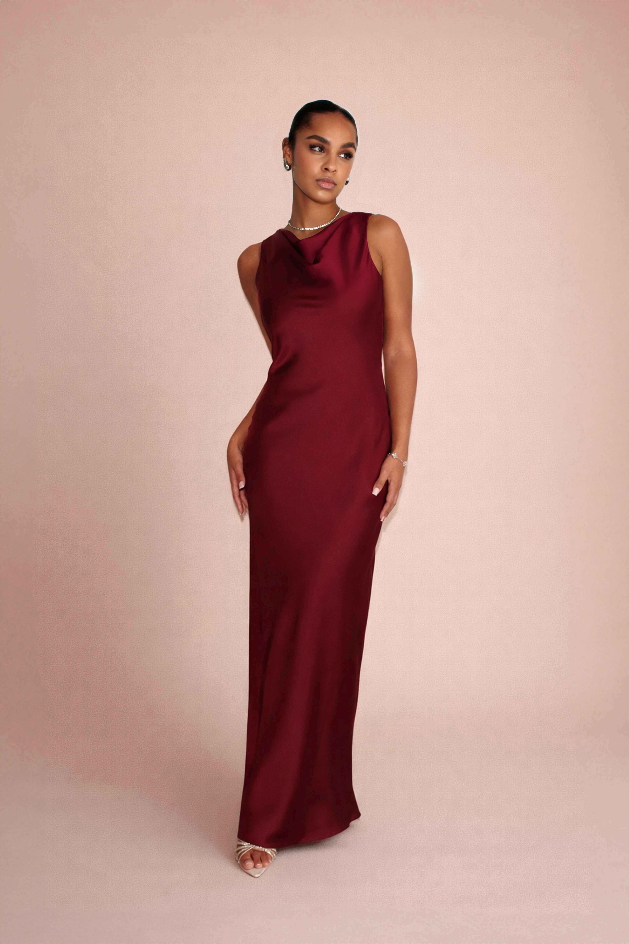 HIGH COWL NECK MAXI DRESS - BURGUNDY Lama Studios HIGH COWL NECK MAXI DRESS - BURGUNDY Lama Studios