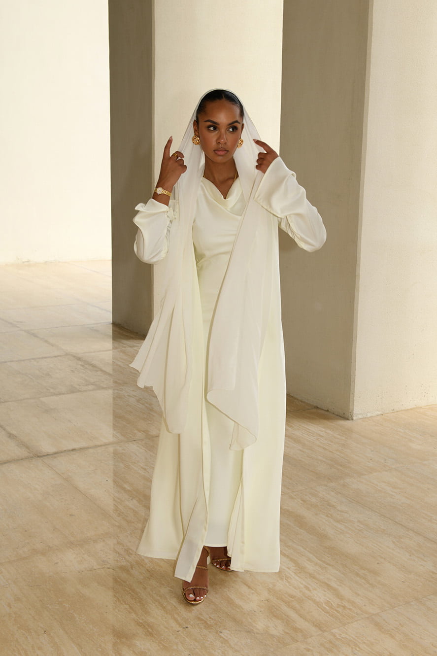 cream abaya dress Pleated Abaya - FARES - Cream