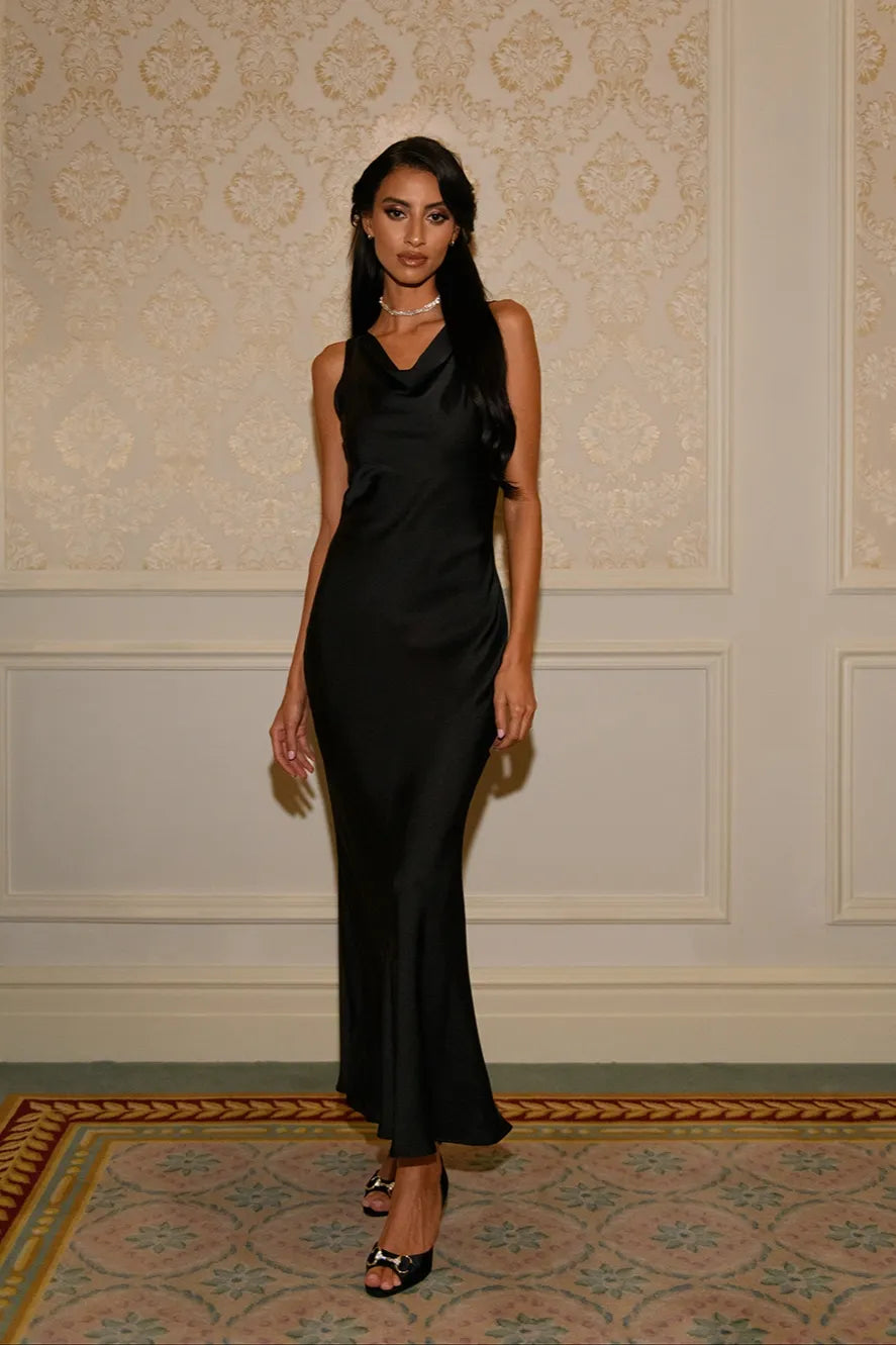 black cowl neck maxi dress Giselle Off Shoulder Cowl Neck Maxi Dress - Black