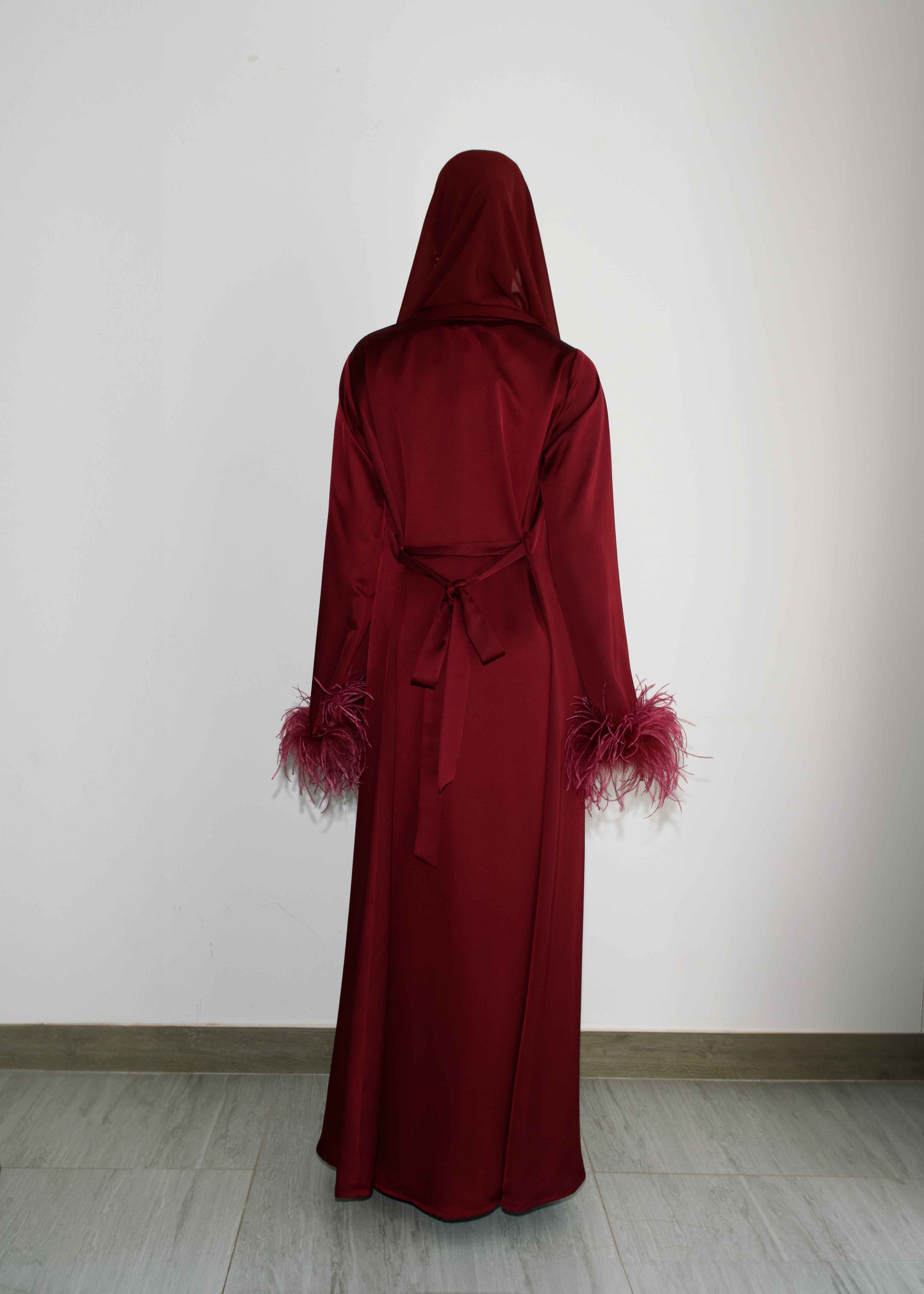 FEATHER SLEEVE ABAYA - BURGUNDY
