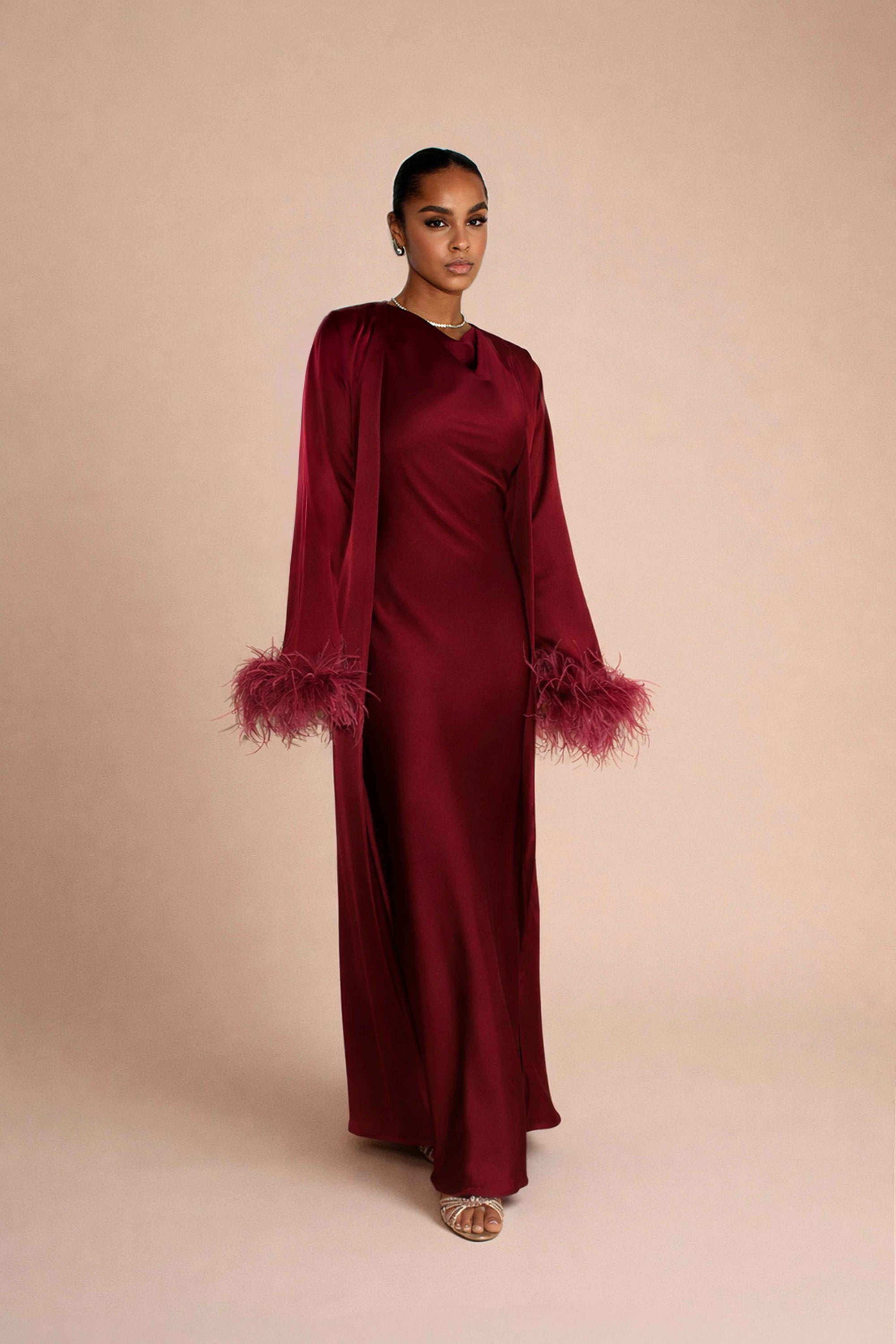 FEATHER SLEEVE ABAYA - BURGUNDY Lama Studios FEATHER SLEEVE ABAYA - BURGUNDY Lama Studios