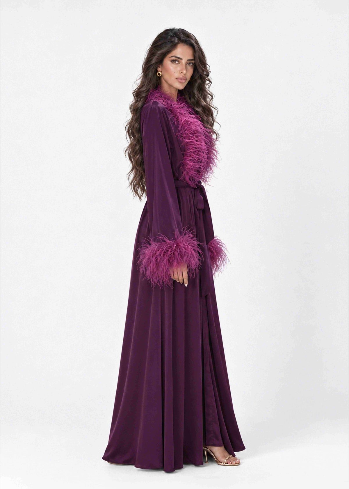 Feather Belted Abaya Mulberry