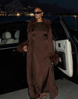 FEATHER BELTED ABAYA - CHOCOLATE