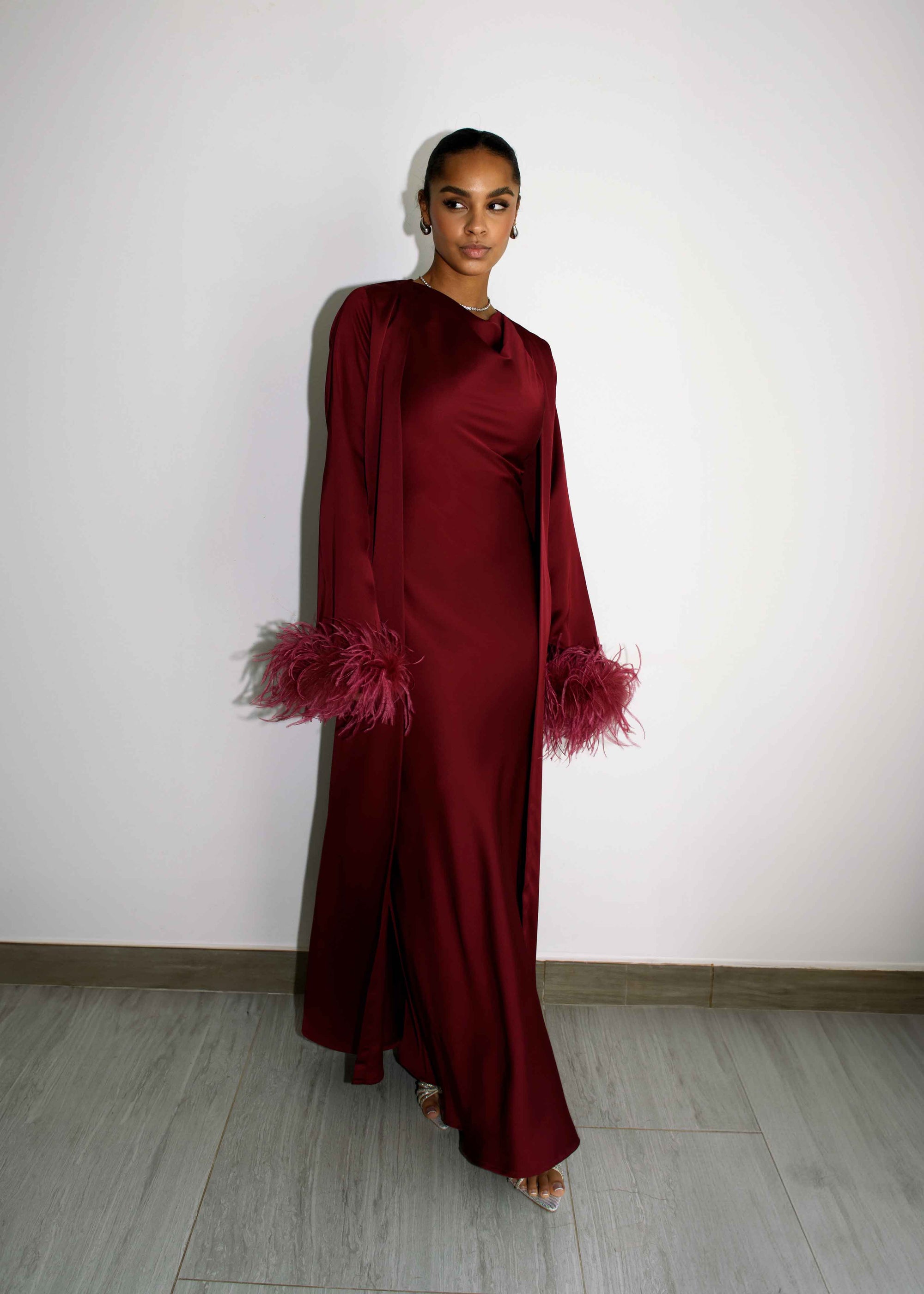 FEATHER SLEEVE ABAYA - BURGUNDY