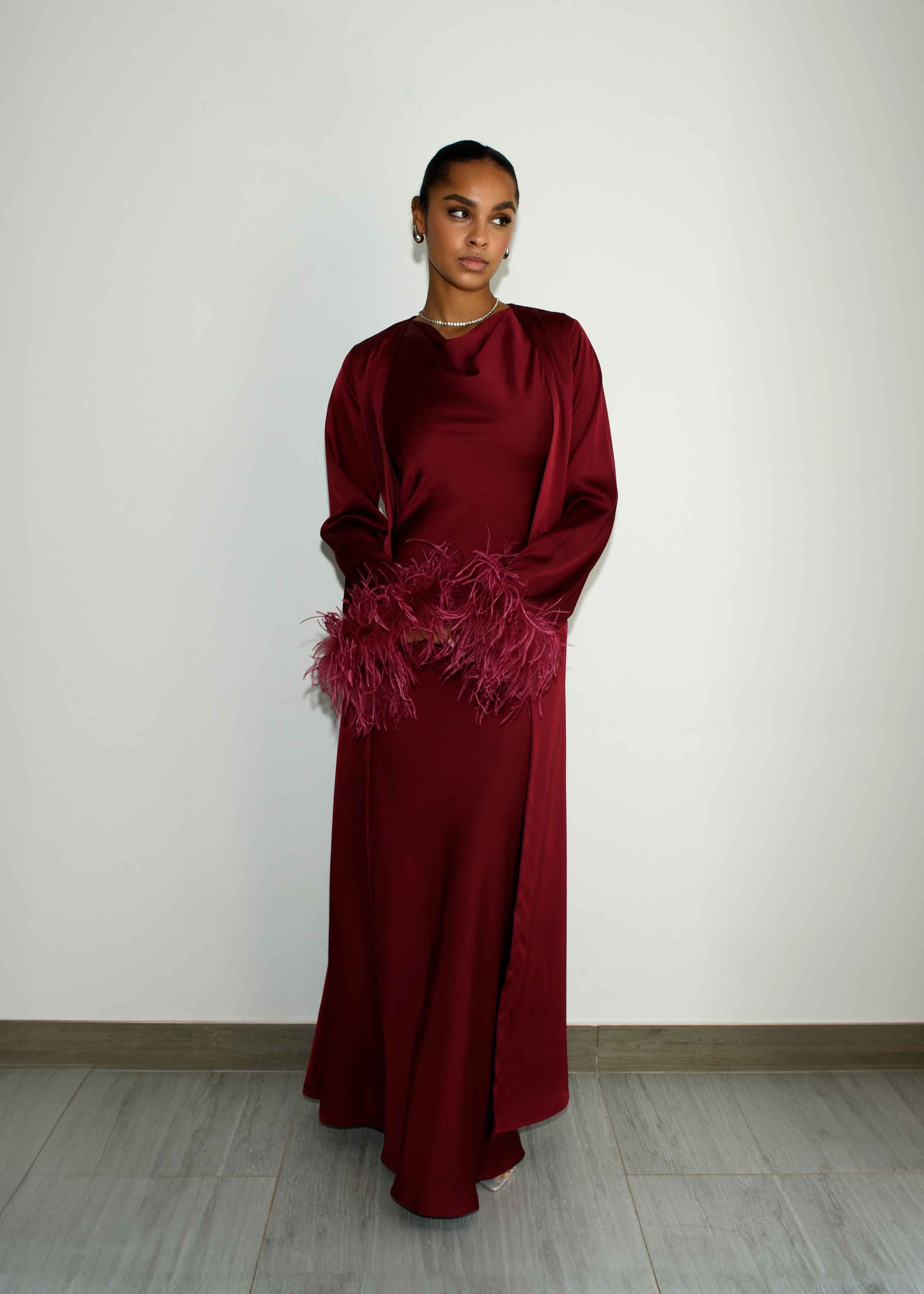 FEATHER SLEEVE ABAYA - BURGUNDY
