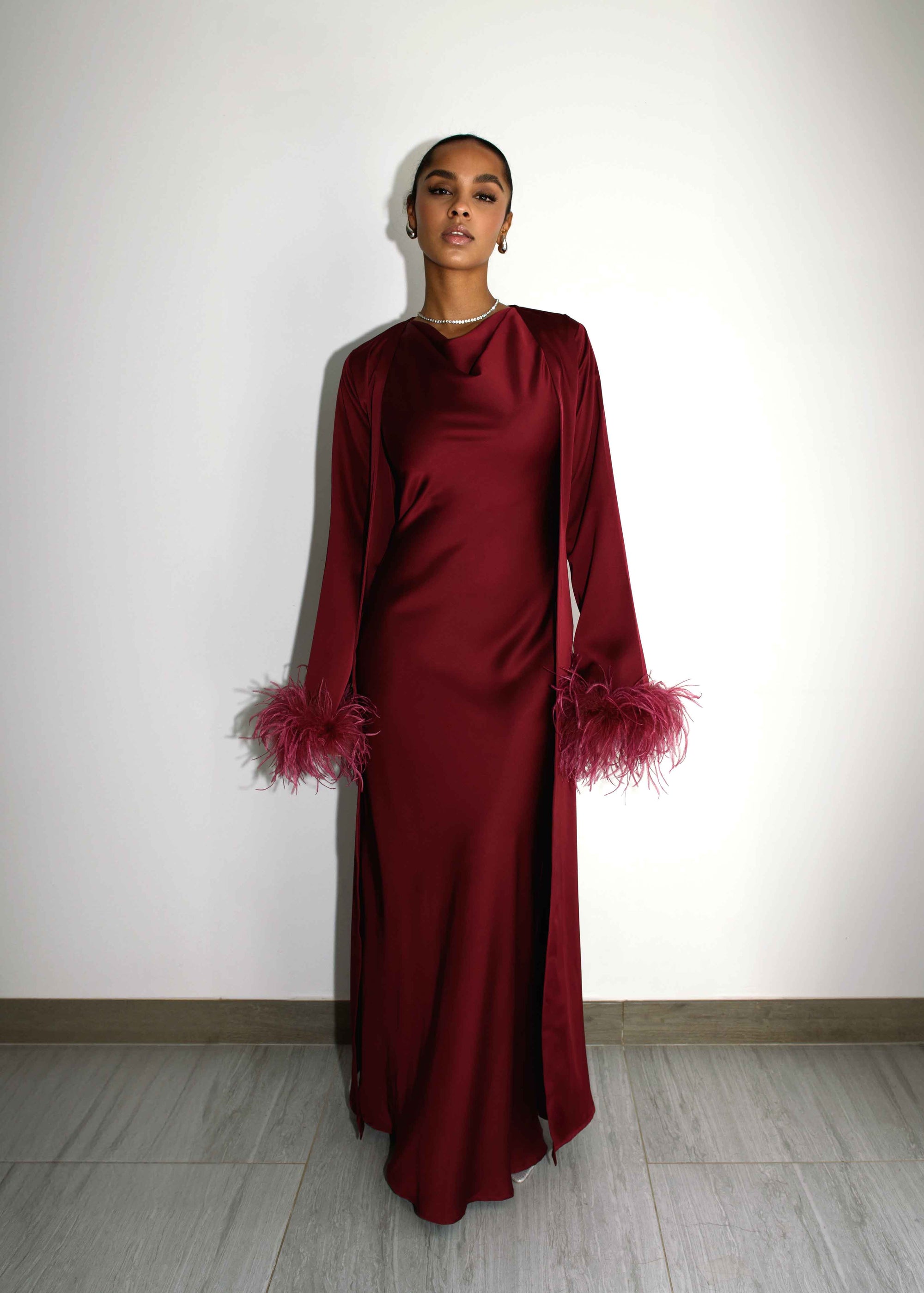 FEATHER SLEEVE ABAYA - BURGUNDY
