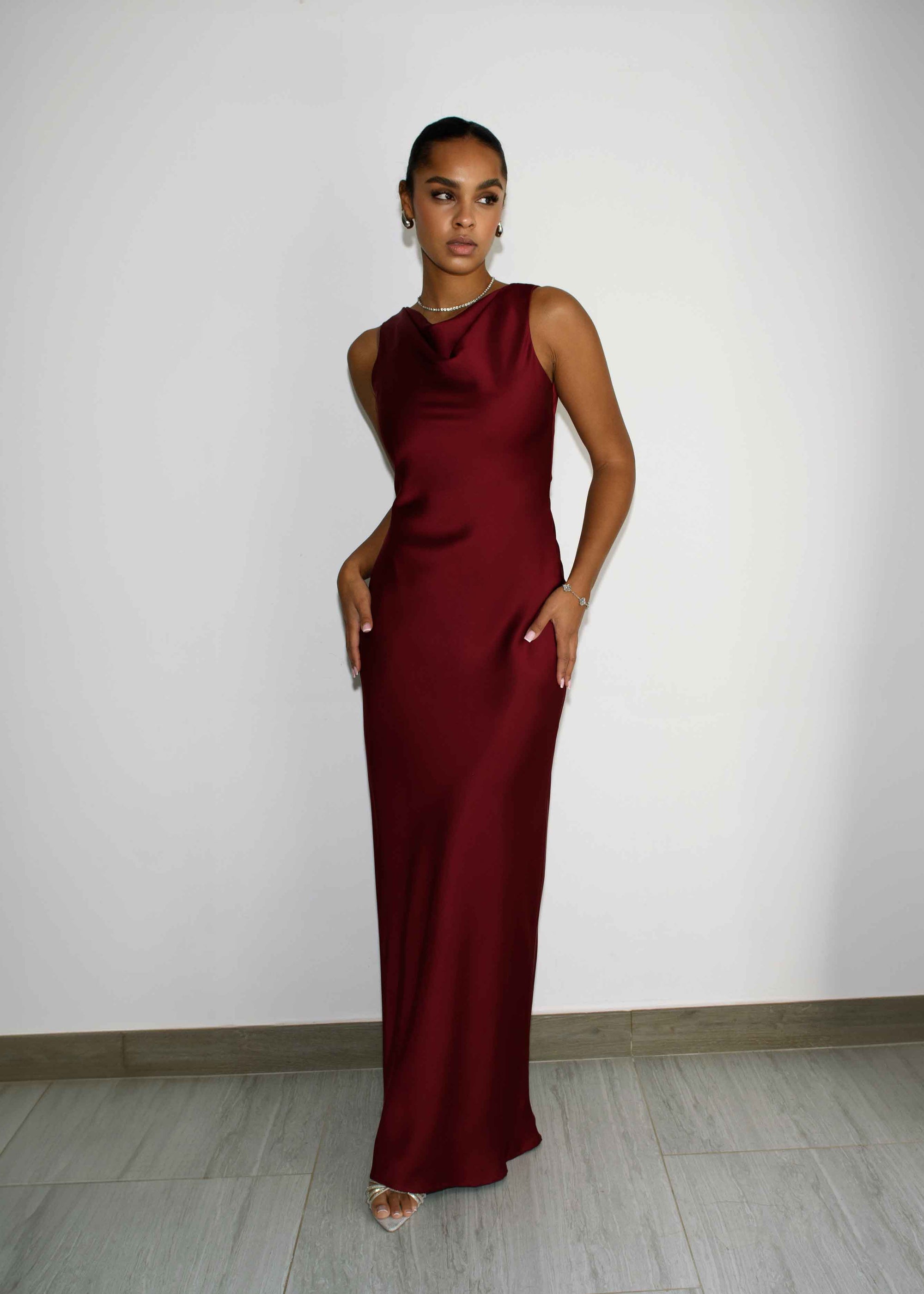 HIGH COWL NECK MAXI DRESS - BURGUNDY
