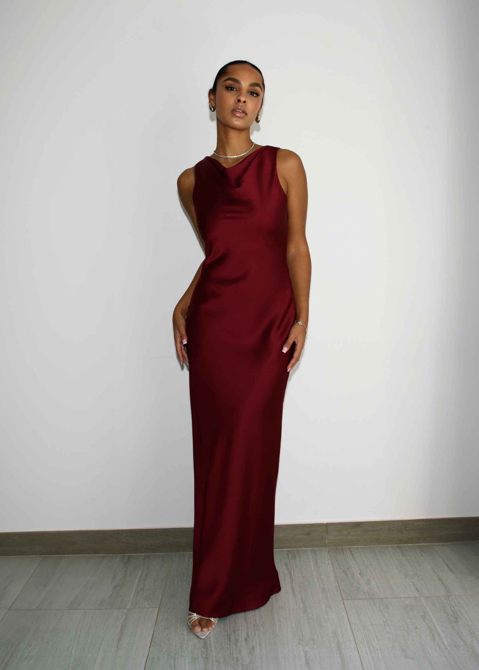 HIGH COWL NECK MAXI DRESS - BURGUNDY