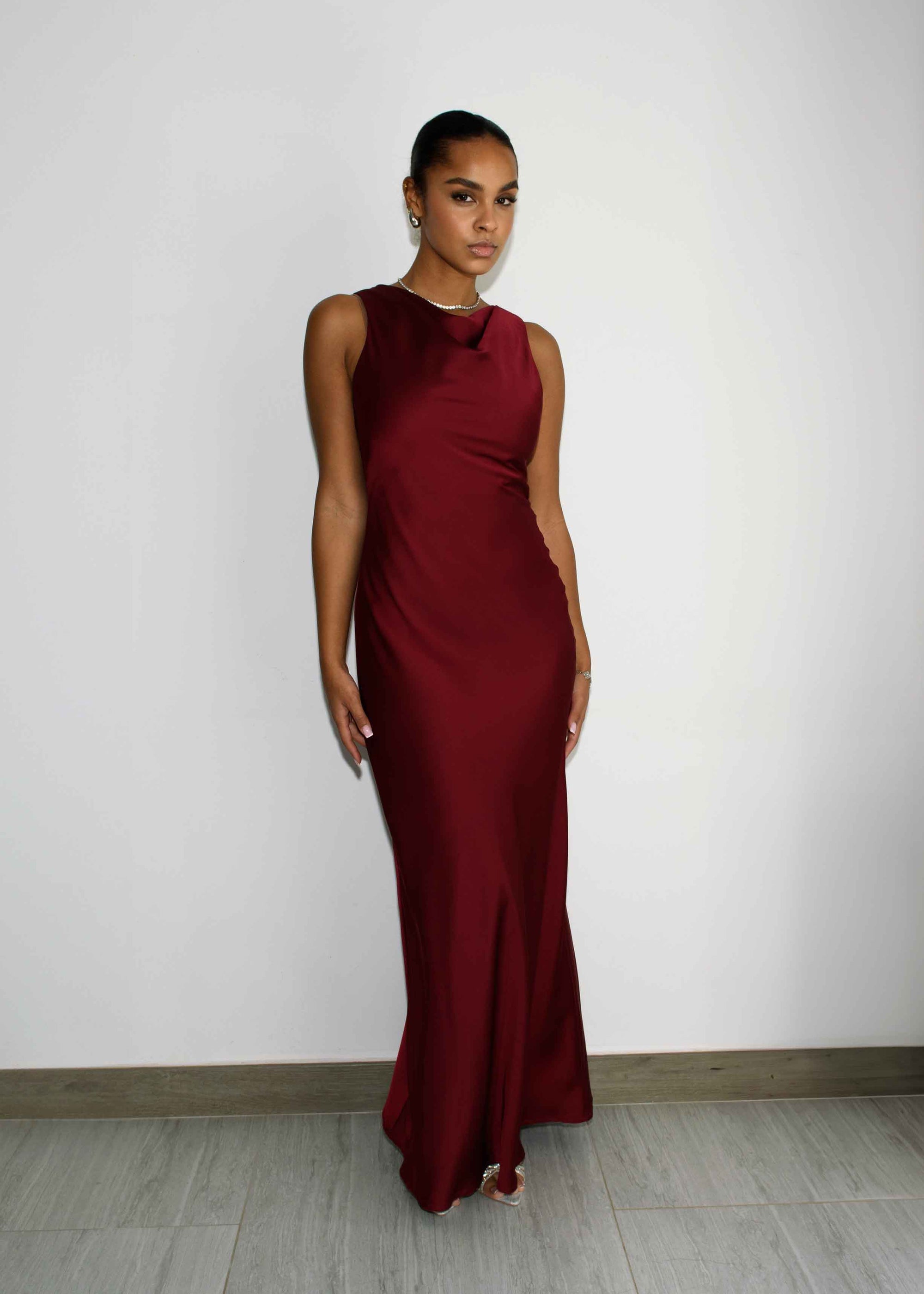 HIGH COWL NECK MAXI DRESS - BURGUNDY