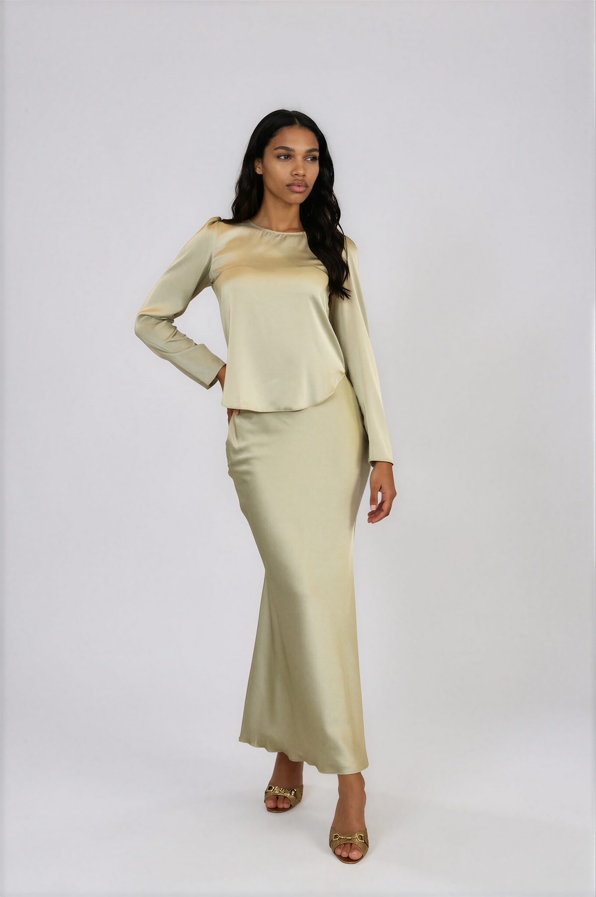 Bias Cut Skirt &amp; Long Sleeve Top - Pistachio